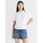 Free Assembly Women's Ruffle Cotton Eyelet Top with Short Sleeves, Sizes XS-4X